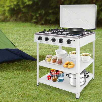 Stove With 5 Burners, Outdoor Freestanding Stove Portable Cooker BBQ Grill With 2-Tier Storage Rack For RV Camping