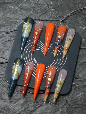 CrystalHola Christmas Nails, 10 Pieces Of Handmade Fake Nails Press-On Nails, French Tip Nails, Stiletto Nails, Orange Gradient Nails With Gold Embellishments, Glittery Holiday Nails, Understated Luxury Nails, Y2K Style, Suitable For Music Festivals, Parties, And Everyday Wear, Perfect For Autumn And Winter, A Good Gift For Girls And Women, New Year Nails.