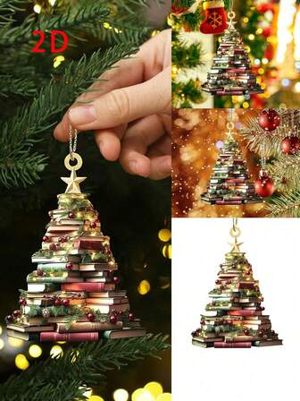 2Pcs/1Pc-2D Christmas Tree Book Stack For Hanging Decorations, Personalized HangingChristmas Tree Decoration, Christmas Book Tree Name Ornament, Custom Bookish Ornament, Book Lover Gift,Acrylic Christmas Tree Bookends For Hanging Decorations,Holiday Home Decor,Christmas Decorations,Car And Keychain Accessories,Acrylic Book Ornaments(2D,Not 3D!!!)