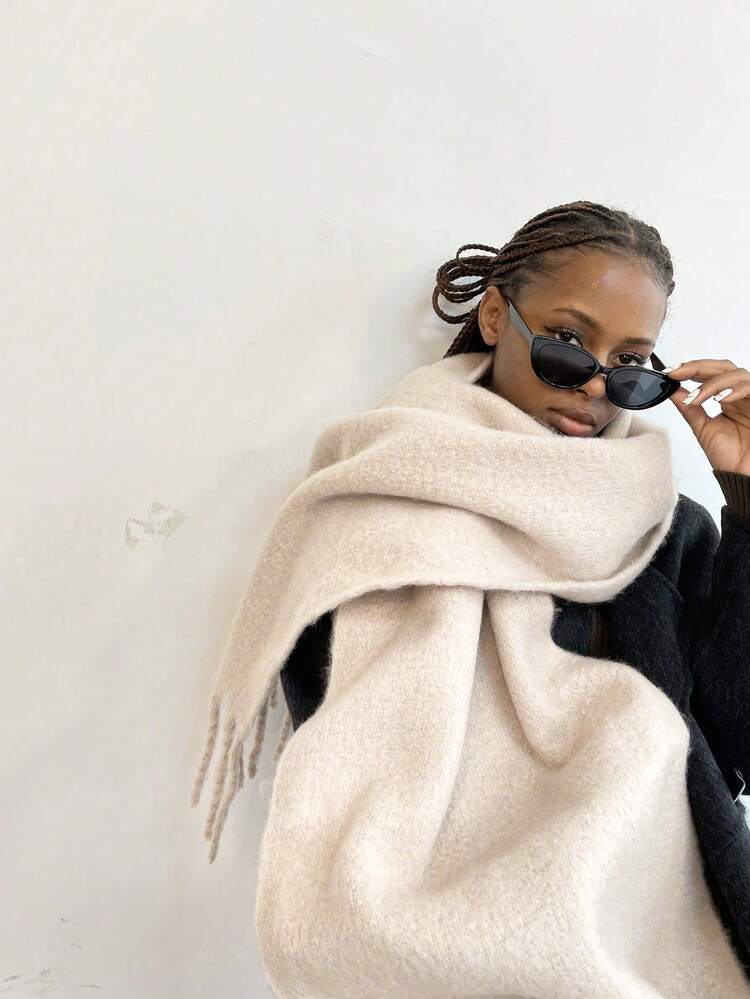 1pc Women's Fluffy Long Solid Color Scarf, Warm Neck Wrap For