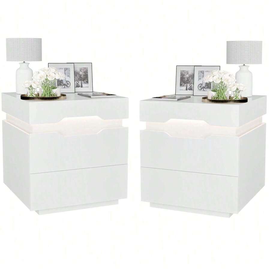 Devoko Nightstand Set Of 2 With Charging Station, LED Light And 2 Drawers - View 1