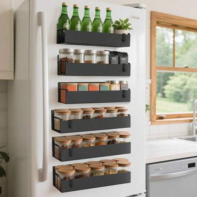 6 Pack Magnetic Spice Rack With 12 Movable Hooks, Space Saving Magnetic Spice Organizer Shelf For Refrigerator, Microwave, Seasoning Organizer For Kitchen