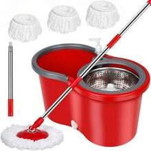 Spin Mop Bucket With Wringer Set, Operable 360 ° Rotating Mop Bucket Set, With 3 Microfiber Replacement Head ,Stainless Steel Mop Bucket 61 Inch Adjustable Handle Household Cleaning Tools Black Plastic - Red - View 2