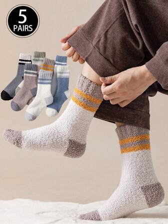 5 pares (color aleatorio) Calcetines gruesos y cálidos forrados de felpa para hombres, pantuflas de casa con bloques de color para otoño/invierno, calcetines acogedores