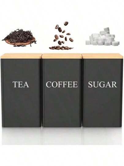 3pcs Tea, Coffee, Sugar Canister Set, Spice Jars, Can Store Tea, Coffee, Herbal Tea, Candy, Spices, Seasonings, Kitchen Storage Set, With Bamboo Lids - Metal Containers, Holiday Decor, Black & White Options, Ideal For Halloween And Christmas