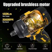 Cordless Impact Wrench Compatible With DeWalt 20V Battery,Brushless Impact Gun, 1/2 Inch 450N.M 3-Speed RPM Power Electric Impact Driver,Brushless Electric Impact Wrench Screwdriver Cordless Electric Wrench Power Tools, Suitable For Cars/Trucks RVs (Without Batteries) - 黃色-450N扳手(僅工具) - 查看 10