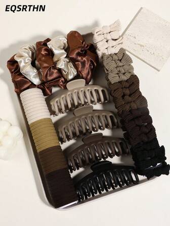 79pcs Coffee Color Elegant Scrunchies & Hair Clips Set, Multifunctional Hair Accessories For Women, Bowknot Elastic Soft Headbands, Matte Versatile Hair Clips, Claw Clips