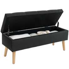 HOMCOM Storage Ottoman With Lid, Velvet Upholstered Storage Bench, Foot Stool With Wood Legs For Living Room, Bedroom, Entryway, 31.5" X 13.8" X 16.5", Black - Black - View 9