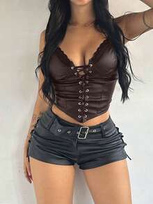 Sexy PU Leather Boned Corset Crop Tops V-Neck Grommet Eyelet Lace Up Front Curved Hem Backless Overbust Shapewear Wide Strap Cami Tank Top For Women Christmas Thanksgiving New Years Party Rave Festival Outfits - 咖色 - 查看 3