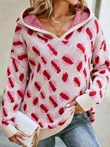 Women's Pullover Sweater, Leopard Print Hooded Knit Sweater With Graphic Print Design, Fashionable