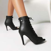 Botas femininas de salto alto de 9,5 cm para dança jazz/moderna, bico aberto, cadarço, zíper traseiro, sola listrada, salto fino, adequadas para festas e bailes. Disponíveis em preto e marrom, adequadas para todas as estações. - Preto fosco - Ver 8
