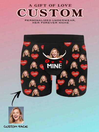 1pc Men's Customized Face & "MINE" Print Black Soft Comfortable Romantic Style Briefs, Suitable For Valentine's Day/Love Gift Occasions