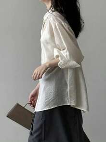 女士时尚通勤不规则领长袖衬衫，纯色梭织面料，不对称/不规则前襟纽扣，休闲办公日常穿着，春夏款 - 鵝黃色 - 查看 9