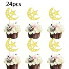 12/24pcs Ramadan Glitter Paper Hollow Moon & Star Cupcake Toppers - Gold - View 5