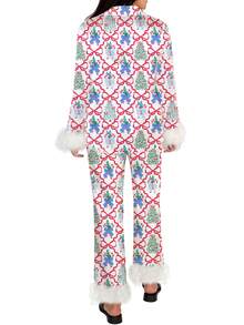 Women Feather Trim Silk Satin Pajama Set Christmas Button Down Shirts And Pants Outfit Sleepwear Loungewear - 彩色 - 查看 2