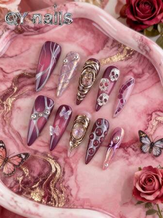 10pcs/Set Almond Shaped Nail Stickers, Long Style, Winter Edition, Cute Design, Great Christmas Gift, Removable, Suitable For Parties, Dancing, Daily Wear, Student Gatherings, Office Roleplay, Reusable With Adhesive, Includes Nail Gel And File