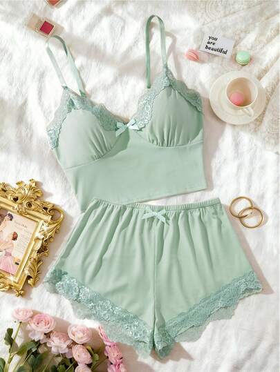 2 peças de lingerie sexy com acabamento em renda de cor sólida - top com alças e shorts elásticos e respiráveis - roupa de dormir feminina confortável