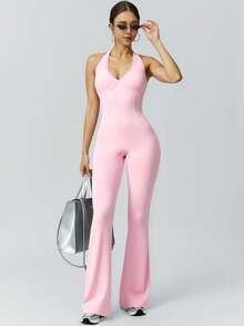 Women's Seamless High-Waisted Yoga Jumpsuit For Gym Running Training All-Season Athletic Wear Bodysuit Sleeveless Backless Slim Fit Halter Neck Activewear Clothing - 粉色 - 查看 2