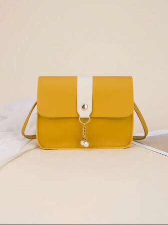 Colorful Pearl Decor Small Square Crossbody Bag, Cute Mini Purse With Flap Cover For Girls