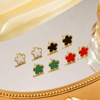1pc Stainless Steel Clover Earrings In Multiple Colors, 18K Gold Plated Four-Leaf Flower Stud Earrings, Suitable For Women | Enamel/Shell/Agate Inlaid Jewelry, Fashion Jewelry Gift