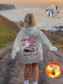 1pc Tween Girl Casual Racing Car Print Pullover Sweatshirt, Loose Fit, Warm Thermal Lining, Suitable For Students And Young People, Autumn/Winter - Grey - View 7