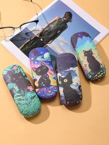 1pc Creative Cute Cat Print Eyeglass Case, Portable Crush-Resistant Hard Shell Sunglasses Case, Faux Leather Sunglasses Storage Box, Protective, Classic Sunglasses Elastic Opening Portable Storage Bag, High-Quality Cream-Colored PU Leather Glasses Case, Unisex, High Cost-Performance Vintage Prescription Glasses & Sunglasses Storage Box, Ideal Gift Set For Friends On Halloween, Christmas And Other Holidays - Multicolor - View 1