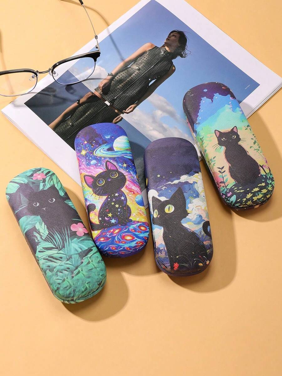 1pc Creative Cute Cat Print Eyeglass Case, Portable Crush-Resistant Hard Shell Sunglasses Case, Faux Leather Sunglasses Storage Box, Protective, Classic Sunglasses Elastic Opening Portable Storage Bag, High-Quality Cream-Colored PU Leather Glasses Case, Unisex, High Cost-Performance Vintage Prescription Glasses & Sunglasses Storage Box, Ideal Gift Set For Friends On Halloween, Christmas And Other Holidays - Multicolor - View 1