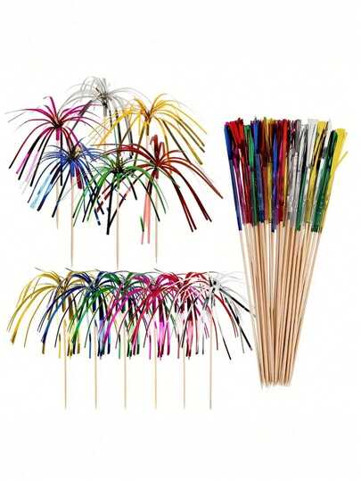 20/50/100pcs Colorful Sparklers, Tasseled Sticks For Cocktails, Fruit Platters, Cakes, Birthdays, Weddings, Celebrations, Tabletop Decor, Home Gatherings, Theme Parties, Kitchen Supplies, Outdoor Garden Decorations
