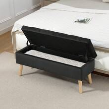 HOMCOM Storage Ottoman With Lid, Velvet Upholstered Storage Bench, Foot Stool With Wood Legs For Living Room, Bedroom, Entryway, 31.5" X 13.8" X 16.5", Black - Black - View 1