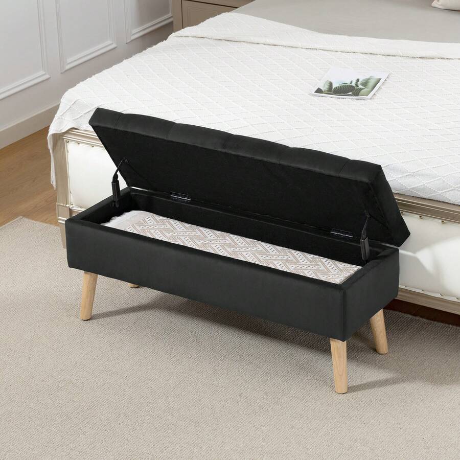 HOMCOM Storage Ottoman With Lid, Velvet Upholstered Storage Bench, Foot Stool With Wood Legs For Living Room, Bedroom, Entryway, 31.5" X 13.8" X 16.5", Black - Black - View 1