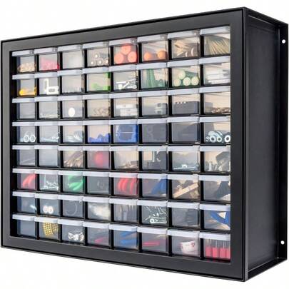 TYUI IRIS USA Bead Organizer Drawers 64-Drawer Screw Tool Electronics Hardware Nuts And Bolts Plastic Garage Storage Cabinet Bin Stackable Craft Supply Building Bricks Sorter Teacher Tool Box Black