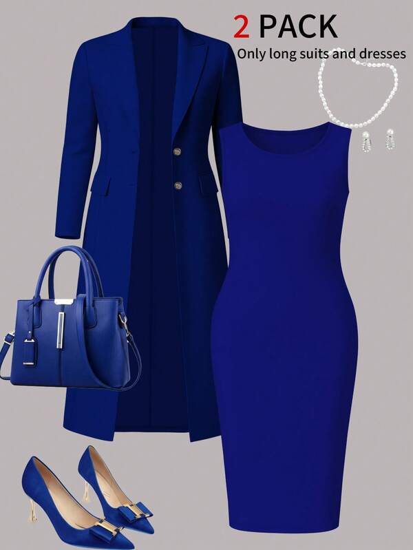 Women's Elegant 2 Pieces Set For Autumn/Winter: Solid Color Long Sleeve Cardigan Jacket + Sleeveless Midi Dress, Fashionable Outfit