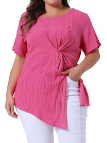 Women's Plus Size Tops Round Neck Short Sleeve Asymmetrical Hem Twist Knot T Shirt Top - Rose Red - View 1