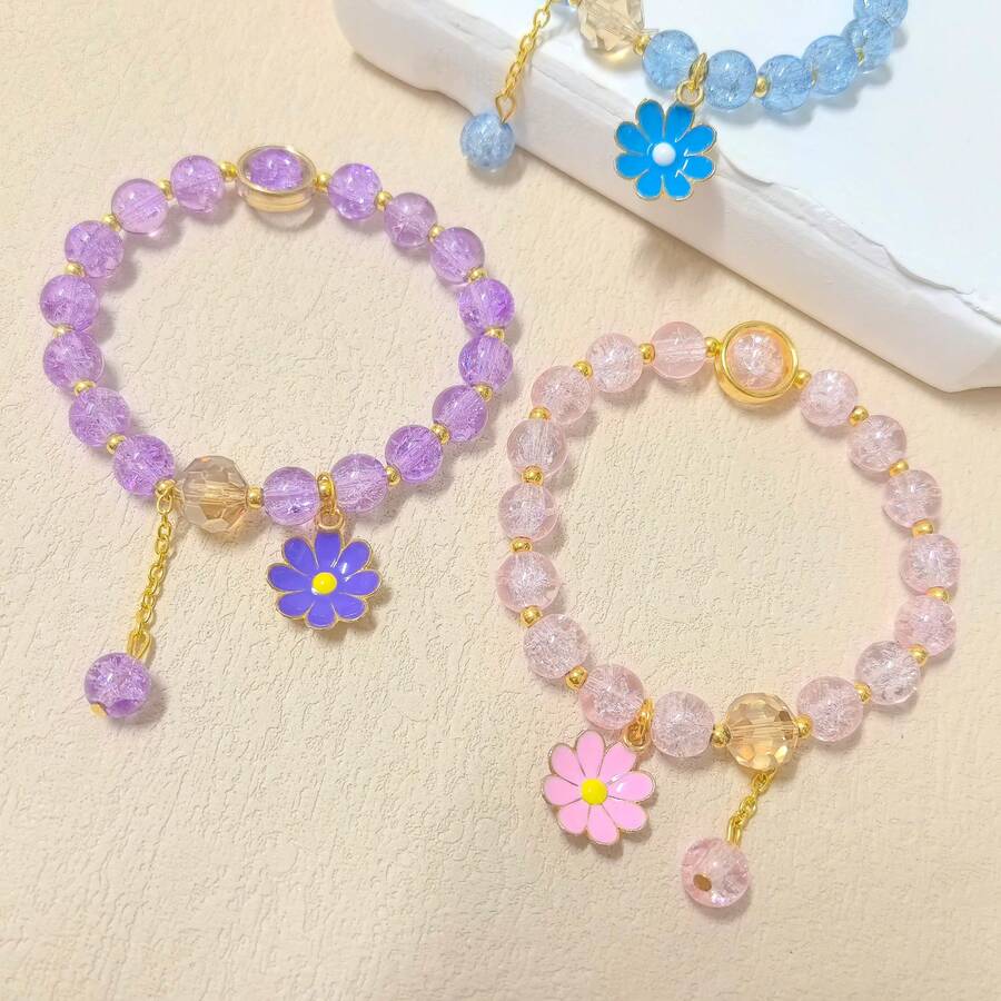 6件套时尚玻璃珠手链，配向日葵和雏菊吊坠，适合女性日常佩戴 - 粉+藍+紫+綠+白+玫紅 - 查看 1