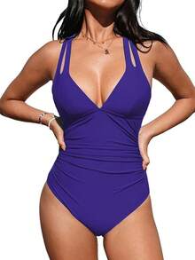 Women's Swimsuit Tummy Control Deep Double Straps Crisscross Back Tie Bathing Suit, 2025 Swimwear - 鈷藍色 - 查看 12