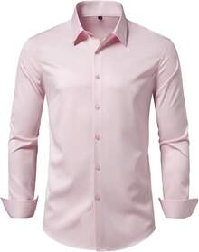 Men's Wrinkle Dress Shirts Formal Long Sleeve Button Down Wedding Business, Style - Pink - View 5