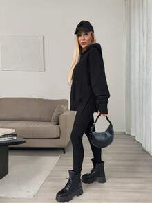 2pcs Women's Casual Solid Color Long Sleeve Sweatshirt And Pants Set, Sportswear, Street Style, Homewear, Yoga Outfit, Spring/Autumn/Winter - Black - View 1