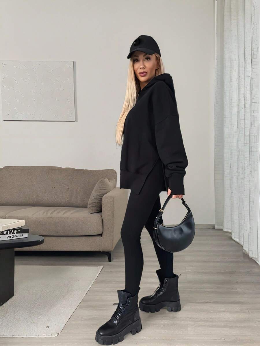 2pcs Women's Casual Solid Color Long Sleeve Sweatshirt And Pants Set, Sportswear, Street Style, Homewear, Yoga Outfit, Spring/Autumn/Winter - Black - View 1