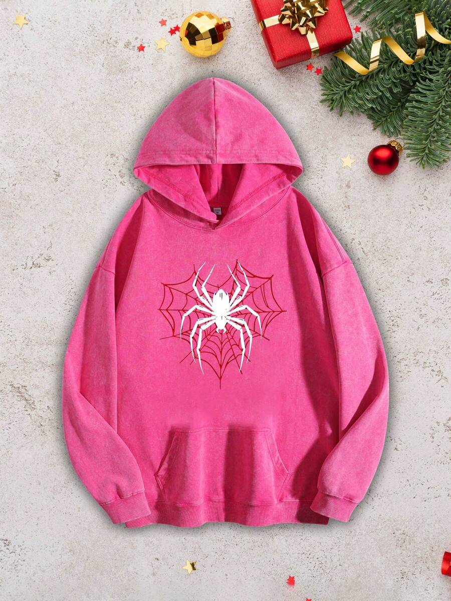 Spider On The Web Men's Graphic Hoodie, Fall/Winter Acid Washed Sweatshirt 400GSM, Retro Street Life Winter Top For Men, Oversized Drop Shoulder Long Sleeve, Ideal Christmas Gift - 粉色 - 查看 1