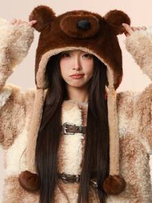1pc Women's Cute Bear Ear & Nose Design Hat, Fashionable Casual Versatile Warm Earmuff Hat, Suitable For Autumn/Winter Outdoor, Sports, Commuting, Thickened Comfortable Fuzzy Ball Long Cord Plush Hat, Suitable For Daily And Holiday Use
