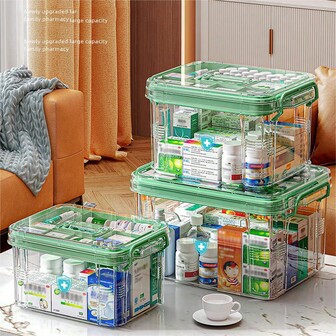 1 pieza Organizador de medicina de doble capa transparente de PVC de gran capacidad - Fácil acceso, ideal para el hogar y los viajes, sin necesidad de energía, ligero, acabado mate, montaje sobre encimera, diseño independiente, menos de 3,2 pies cúbicos, altura máxima de 27", impermeable, cierre con tapa abatible, uso multipropósito, cajas de almacenamiento para organizar