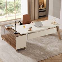 Tribesigns Escritorio en forma de L de 200 cm, escritorio ejecutivo con gabinete de 140 cm, escritorio de oficina grande con estantes de almacenamiento, escritorio de computadora moderno para oficina en casa - Blanco y nogal - Ver 2