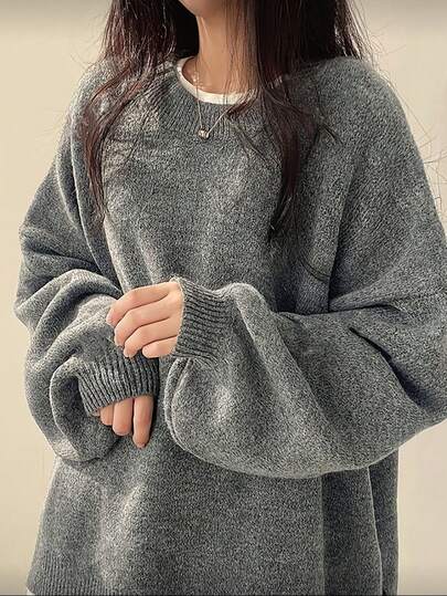 New Autumn/Winter Loose Fit Round Neck Knitted Sweater For Women, Soft & Stylish Lantern Sleeve Pullover Top