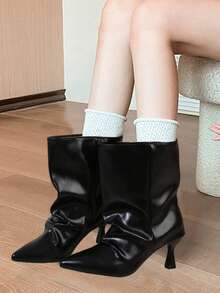 Pointed Toe Pleated Tall Shaft Ankle Boots, Slim Heel Genuine Leather Wide Calf Riding Boots For Women - Black - View 3