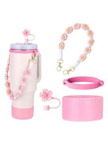 2 piezas Compatible con accesorios para vasos 1 pieza Anillo de taza de goma, 1 correa para botella de agua, para accesorios de vasos de botella 12oz 16oz 20oz 24oz 30oz 32oz 40oz Tr con asa, rosa blanco negro morado azul