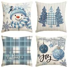 4件套节日主题抱枕套，雪人、欢乐、雪花图案、圣诞树、冬季节日、水牛格纹沙发、装饰沙发靠垫、单个不含枕芯、圣诞装饰、家居装饰、房间装饰