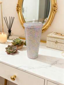 1pc 650ml Handmade Diamond Cup, Double Layer PS Plastic Straw Cup, Large Capacity 650ml Gemstone Diamond Cup, Handheld Cup, Portable Pearl Cup [5 Styles Available] - Multicolor - View 4