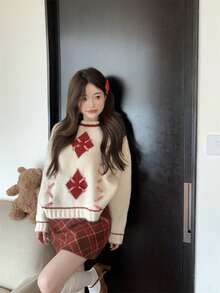 Minimalist Cute Alpaca Wool Red Plaid Gift Ribbon Christmas Knit Sweater - White - View 4