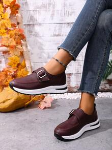 1 Pair Women's Platform Wedge Shoes, Solid Color PU Leather, Buckle Closure, Suitable For Outdoor Wear All Season - Burgundy - View 15