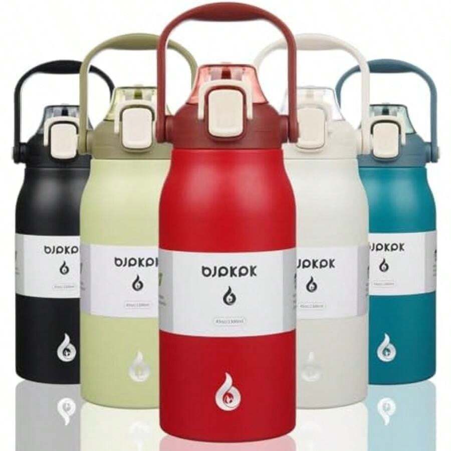 BJPKPK - Botellas de agua aisladas con pajita, 20 onzas lindas botellas de agua con asa, termo de metal de acero inoxidable sin , termo de fácil transporte para hombres y mujeres, color blanco(1.3 Litros Rojo 40 oz) - Multicolor - Ver 1